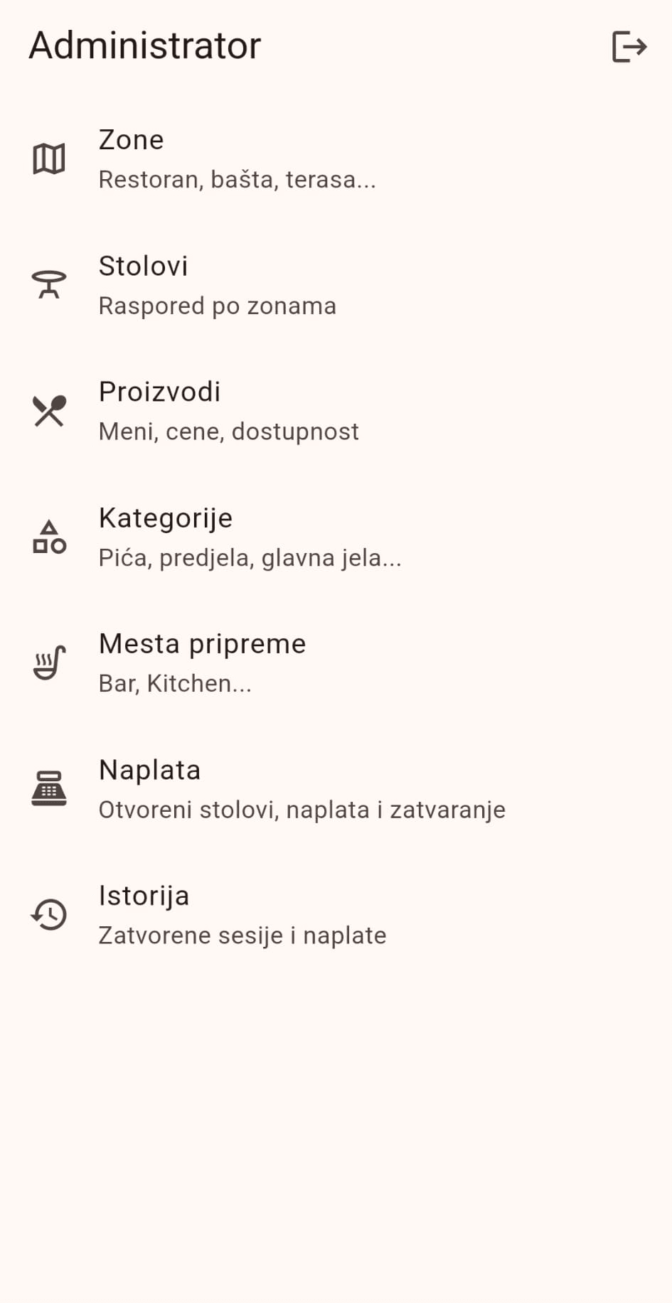 Restaurant POS - Administrator meni