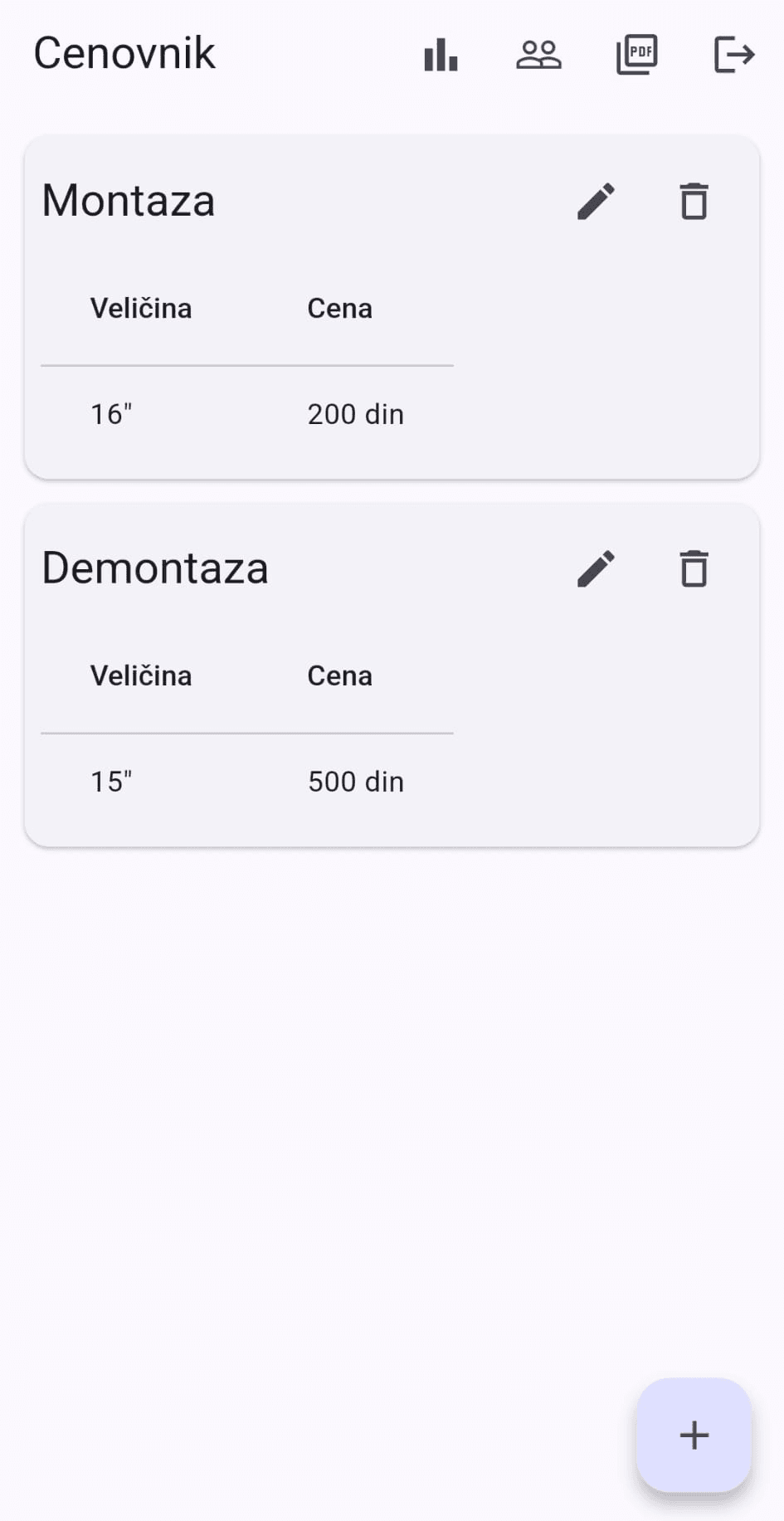 Vulkanizer App - Cenovnik