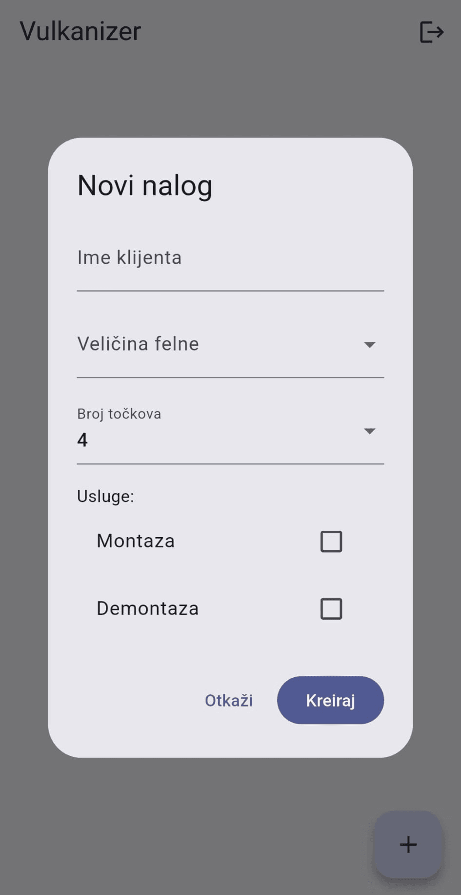 Vulkanizer App - Novi nalog